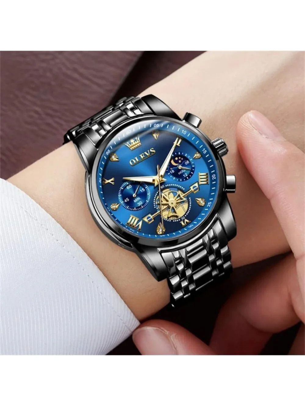 Men's Black Blue Skeleton Stainless Steel Diamond And Calendar Chronograph Watch